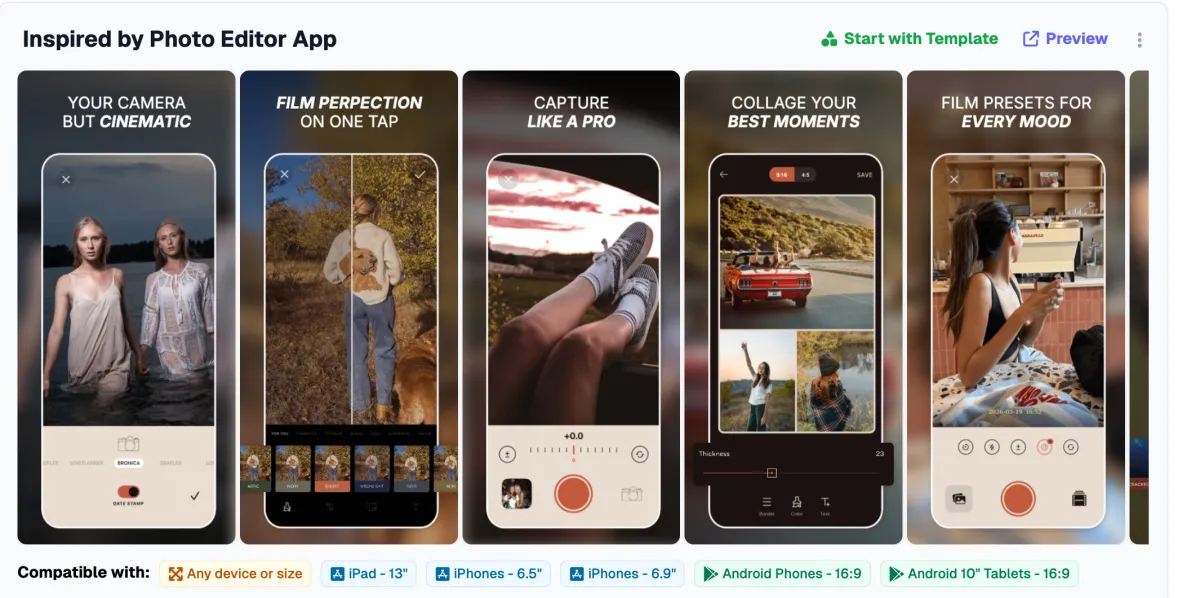 AppScreens template browser showing a row of photo-editor screenshot layouts with Start with Template and Preview buttons, and compatibility badges for iPhone, iPad, and Android sizes