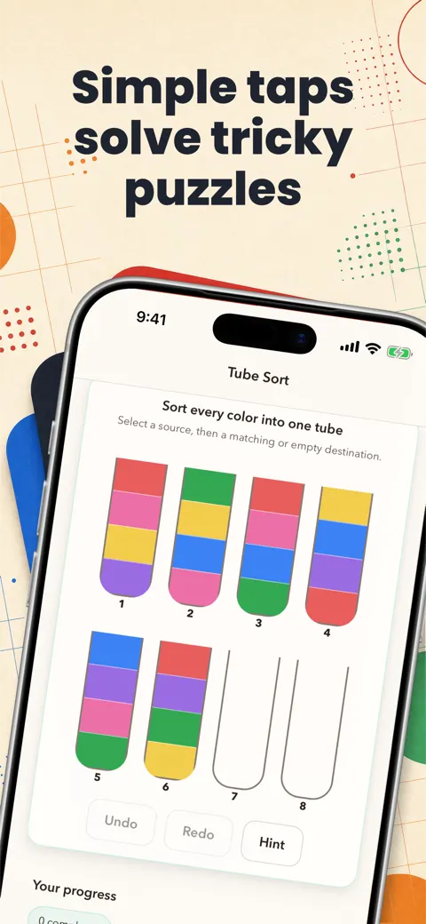 Puzzle Time slide with the headline Simple taps solve tricky puzzles above an iPhone showing the Tube Sort puzzle, on a warm paper background.