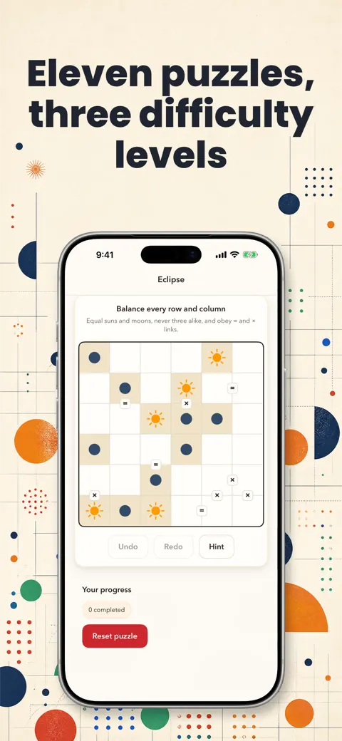 Puzzle Time slide with the headline Eleven puzzles, three difficulty levels above an iPhone showing a puzzle board.