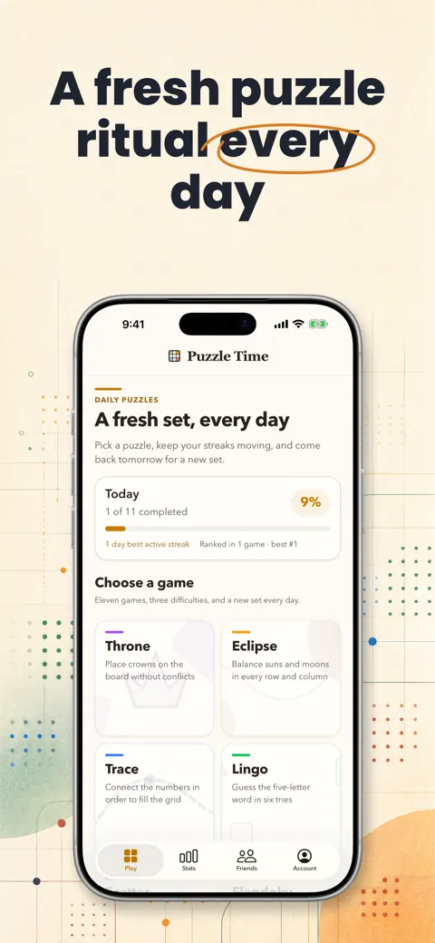 Puzzle Time slide with the headline A fresh puzzle ritual every day above an iPhone showing the daily puzzle hub.