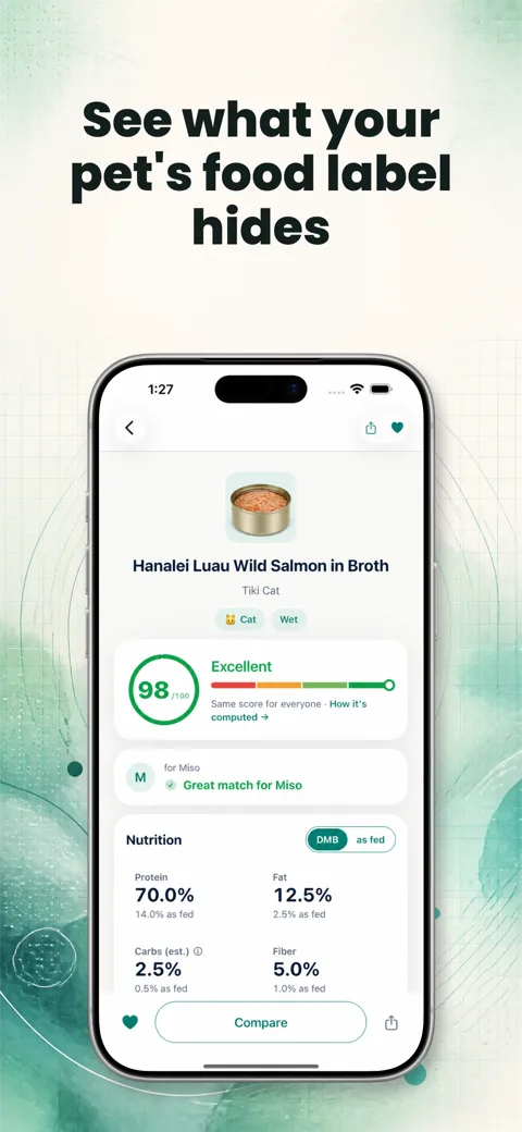 PawLens App Store screenshot with the headline 'See what your pet's food label hides' above a framed iPhone