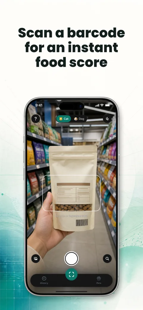PawLens App Store screenshot with the headline 'Scan a barcode for an instant food score' above a framed iPhone
