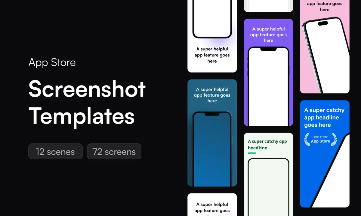 Cover of the App Store Screenshot Template file on Figma Community, showing artboards whose captions read 'A super helpful app feature goes here' and 'A super catchy app headline goes here'