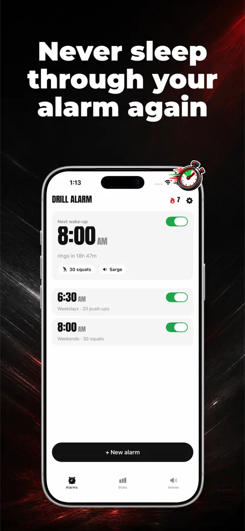 Drill Alarm App Store screenshot with the headline 'Never sleep through your alarm again' above a framed iPhone