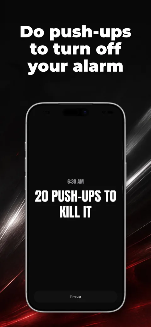 Drill Alarm App Store screenshot with the headline 'Do push-ups to turn off your alarm' above a framed iPhone