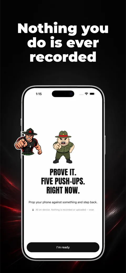 Drill Alarm App Store screenshot with the headline 'Nothing you do is ever recorded' above a framed iPhone